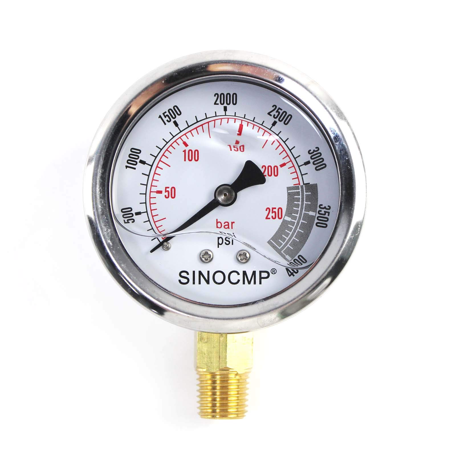 Hydraulic Pressure Gauge - SINOCMP 25Mpa/0-250Bar/0-4000PSI Economical Multi Purpose Double Scale Stainless Steel Glycerin Filled Gauge
