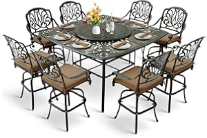MEETWARM 10-Piece Outdoor Bar Set, All Weather Cast Aluminum Patio Bar Furniture with 8 Cushioned Swivel Bar Stools, Large 64" Square Patio Bar Height Table with Detachable Lazy Susan, Umbrella Hole