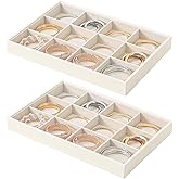 Ausalivan Stackable Jewelry Organizer Tray For Drawers,White Leather Small Earring Storage Tray,Bracelet And Necklace Display Box,Jewelry Ring Display Case (Creamy White 12 Grids)