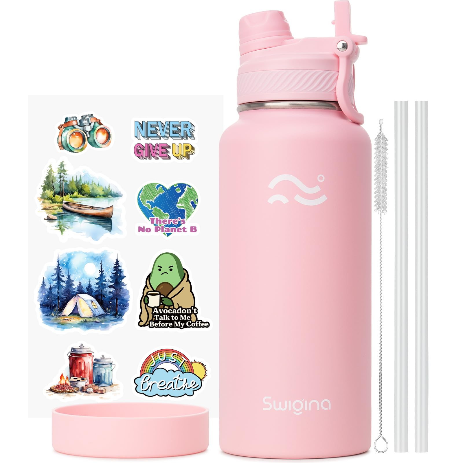 Photo 1 of Swigina [2-IN-1 LID] Insulated Water Bottle with Silicone Boot (36hrs Cold/18hrs Hot) - DIY Stickers, Leakproof, BPA Free, 32 oz