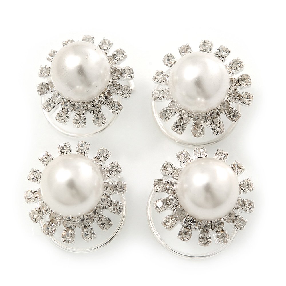 Bridal/Wedding/Prom/Party Set Of 4 Rhodium Plated Crystal Glass Pearl Spiral Twist Hair Pins