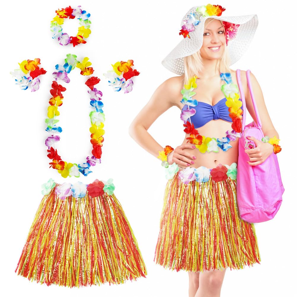 Aomig Hawaiian Grass Skirt, 5 Pcs Hawaiian Garlands, Tropical Fancy Colorful Dress Hawaiian Headband Necklace Wristband Flower, 40CM Hawaiian Leis Set for Kid, Adult, Women Summer Beach Tropical Party