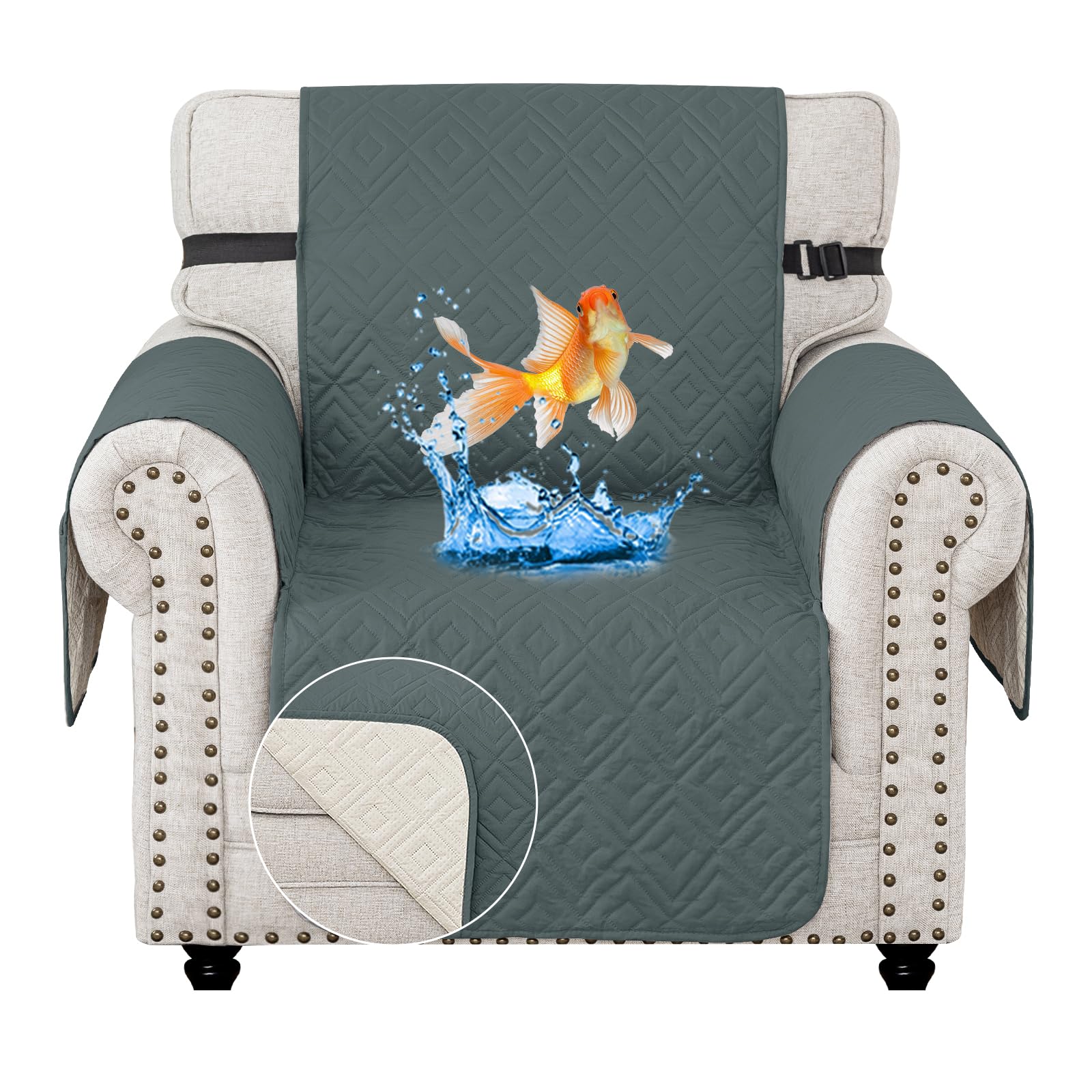 MAXIJIN Chair Covers Waterproof Sofa Slipcovers Non-Slip 1 Seater Sofa Protectors with Elastic Straps Reversible Universal Couch Covers for Dogs, Pets, kids (Dark Grey, 1 Seater)