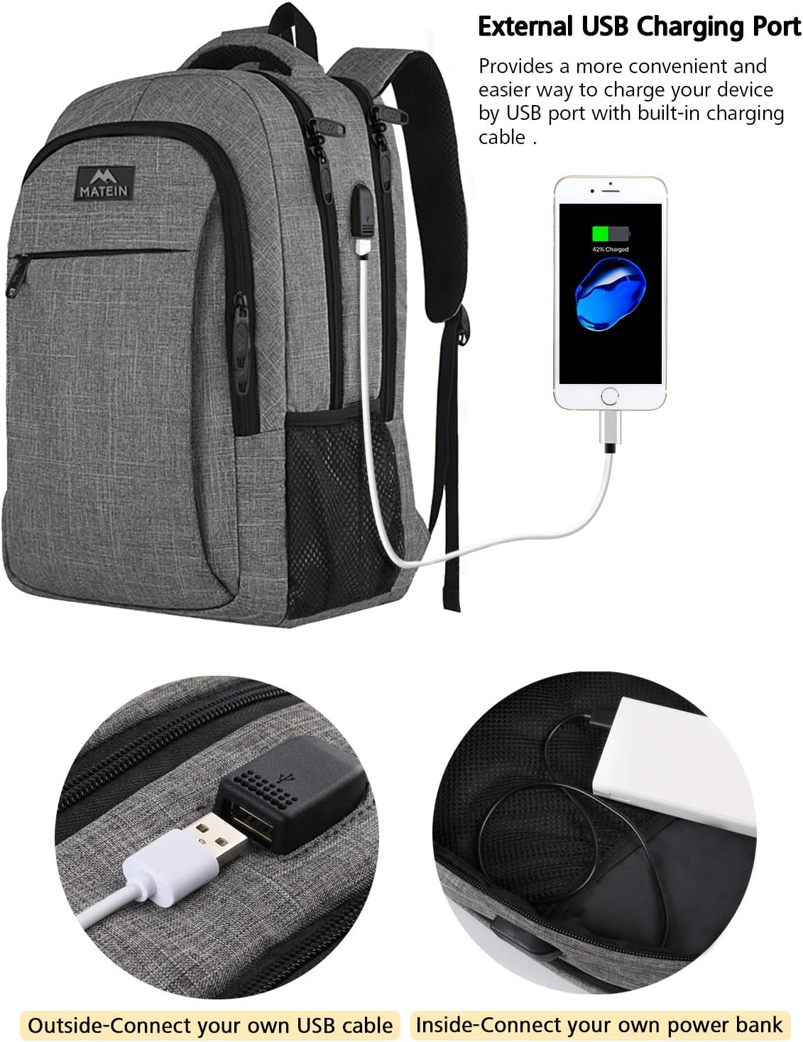 MATEIN Travel Laptop Backpack, Work Bag Lightweight Laptop Bag with USB Charging Port, Anti Theft Business Backpack - Image 4