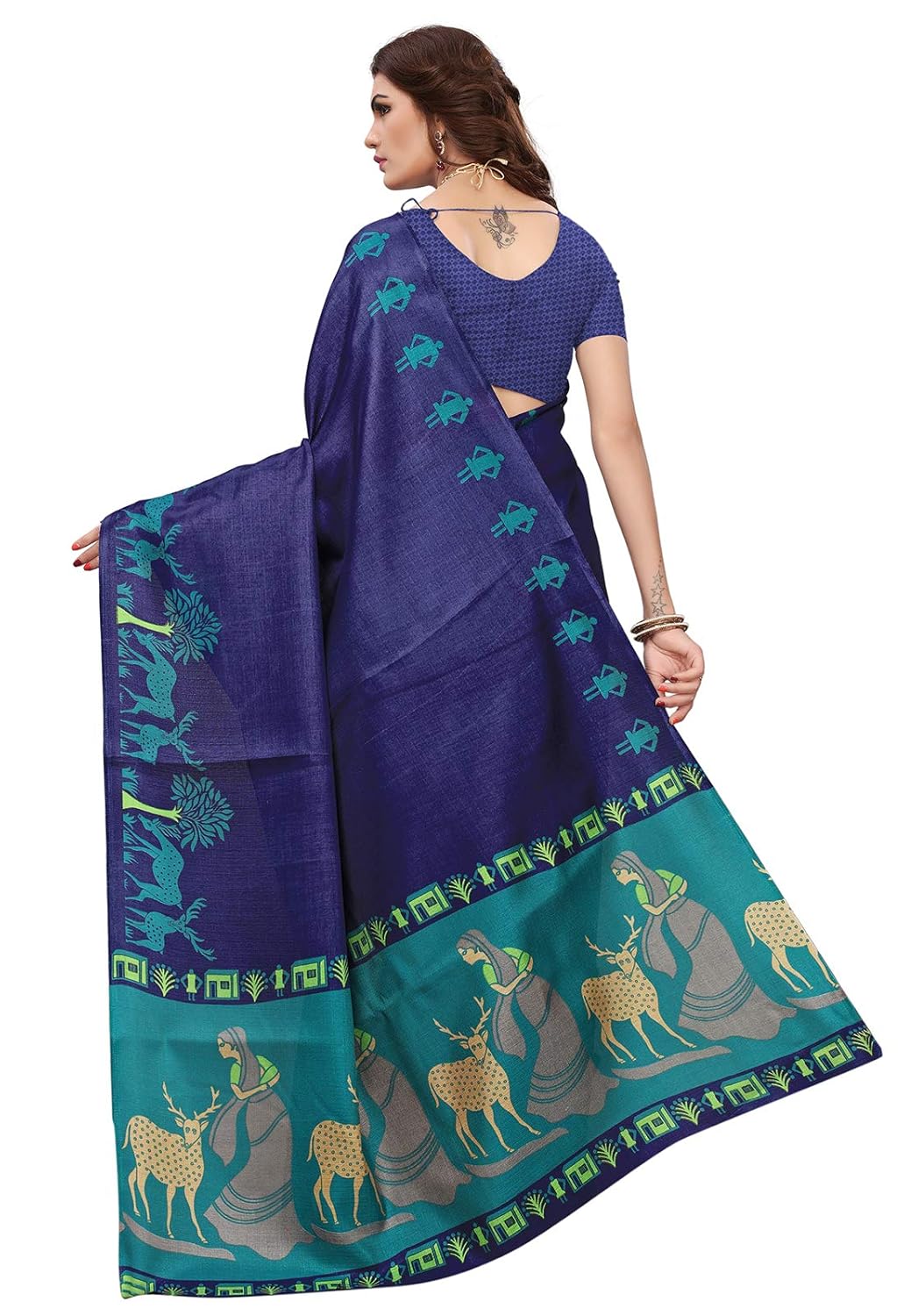 ishin women's polysilk navy blue printed saree/sari with blouse piece