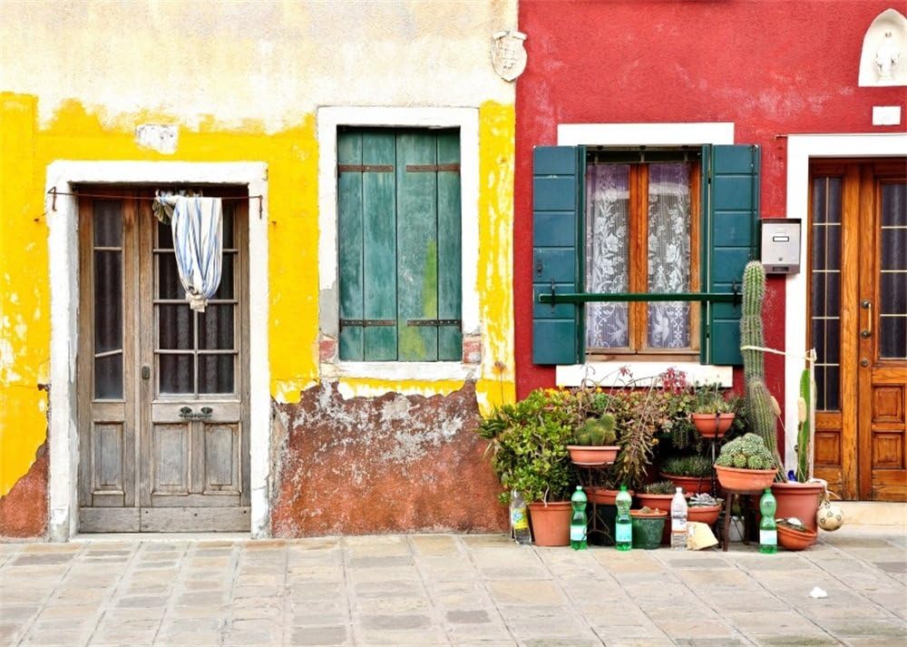 LaeaccoLaeacco 10x6.5ft Italy Backdrop Rustic Wooden Door Photography Background Colorful House Wall Stone Path European Old Town Summer Vacation Wedding Party Decoration Kids Adults Portrait Photo Studio