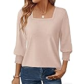 GKBK Womens 3/4 Sleeve Shirts Square Neck Dressy Casual Blouses Spring Summer Smocked Cuffs Tops