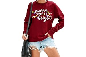 LHBNK Christmas Sweatshirt Women Merry and Bright Christmas T-Shirt Funny Xmas Lights Blouse Tops Holiday Shirts