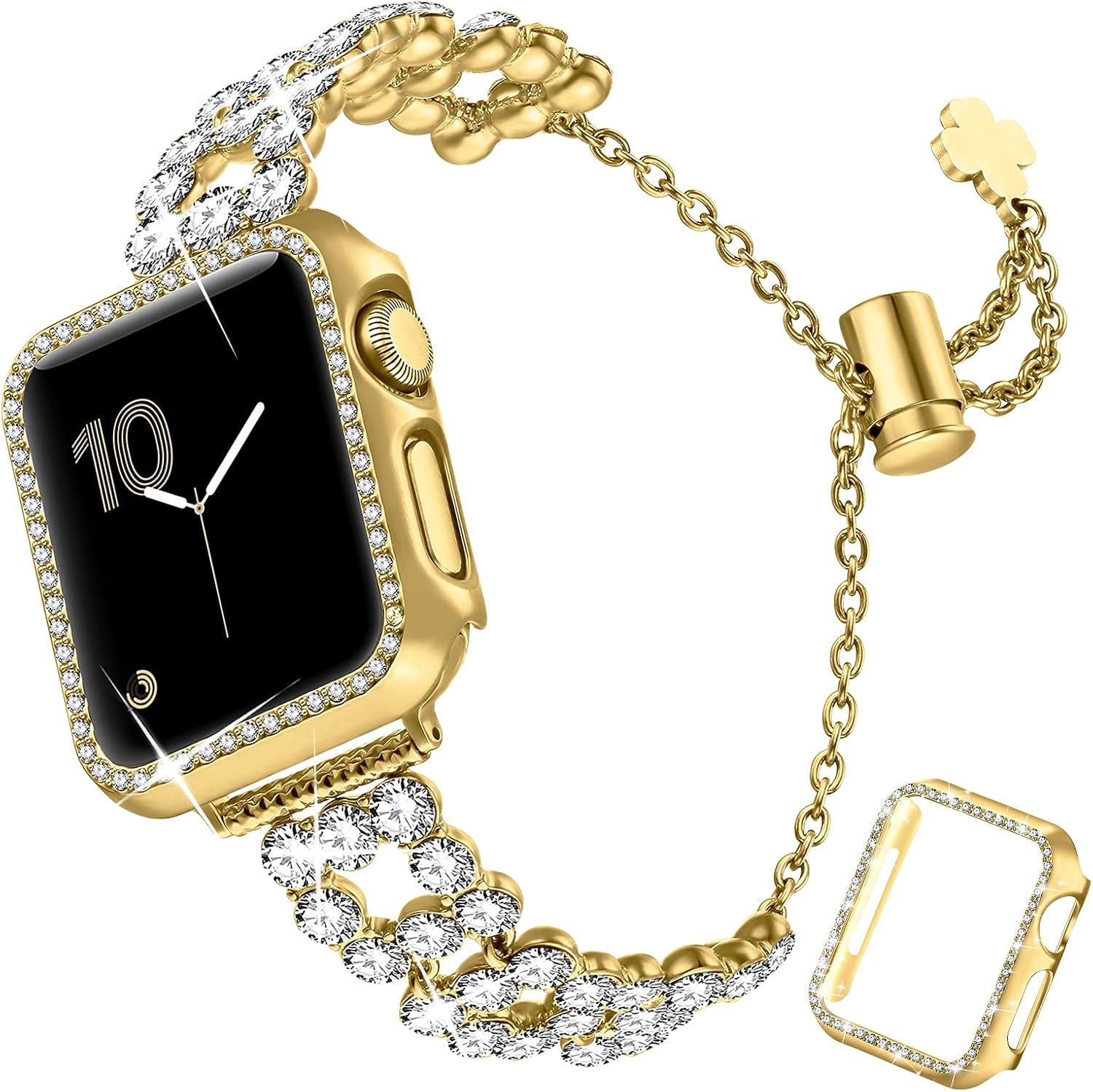 fastgo Bling Band Compatible with Apple Watch 38mm/40mm/42mm/44mm with Case Women, Jewelry Glitter Metal Rhinestone Bracelet Replacement Strap Cover for iWatch SE Series 6/5/4/3/2/1(Gold-38mm)