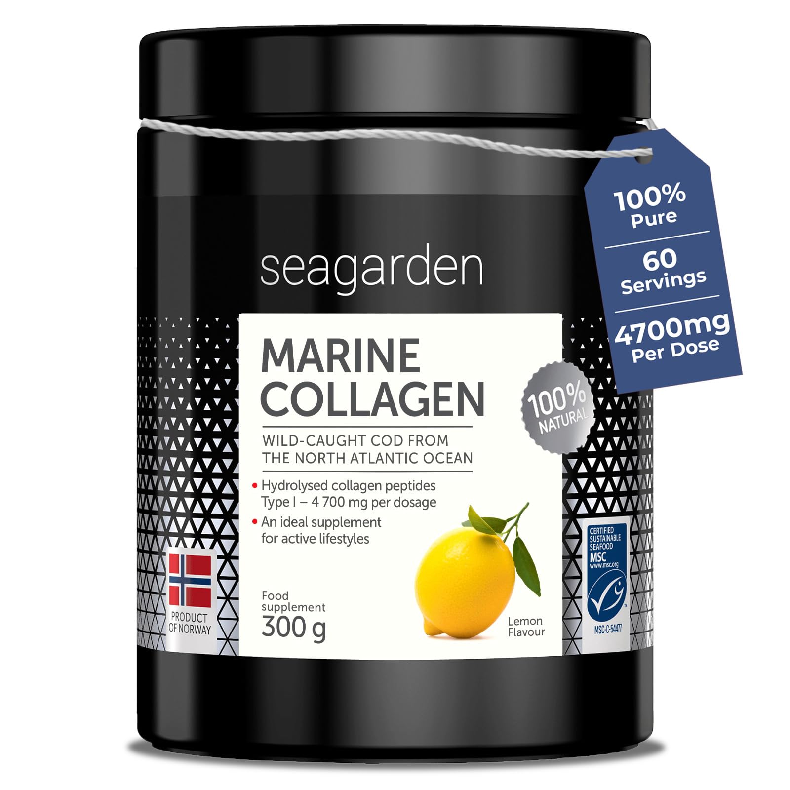 Pure Marine Collagen Powder - 4700mg - Hydrolyzed Collagen Peptides Type 1, Supplements for Women and Men, for Hair, Skin and Nails, Lemon Flavour, 300g, 60 Servings