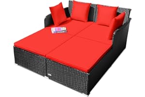 Salches Outdoor Rattan Daybed, Patio Loveseat Sofa Set w/Comfortable Cushions Extra Pillows & Metal Foot, Sunbed Wicker Furniture for Yard/Poolside/Living Room/Garden/Porch, Red