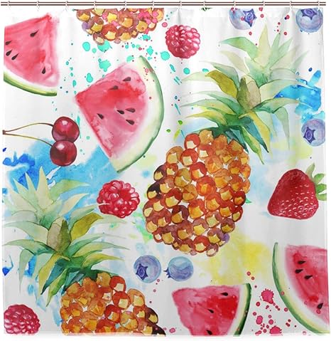 Amazon Akiraki シャワーカーテン 防水 防カビ ユニットバス カーテン 浴室カーテン お風呂 パイナップル 西瓜 水彩 果物 可愛い 苺 北欧 おしゃれ リング付属 フック付属 取付簡単 間仕切り 目隠し クリア 清潔感 180x180cm シャワーカーテン ホーム キッチン