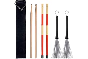 KASIYLUX Drum Sticks Set, 1 Pair Drum Wire Brushes Retractable Drum Stick Brush, 1 Pair Rods Drum Brushes and 1 Pair 5A Classic Maple Wood Drum Sticks for Jazz Folk Acoustic Music Lover Gift Total 3 Pairs