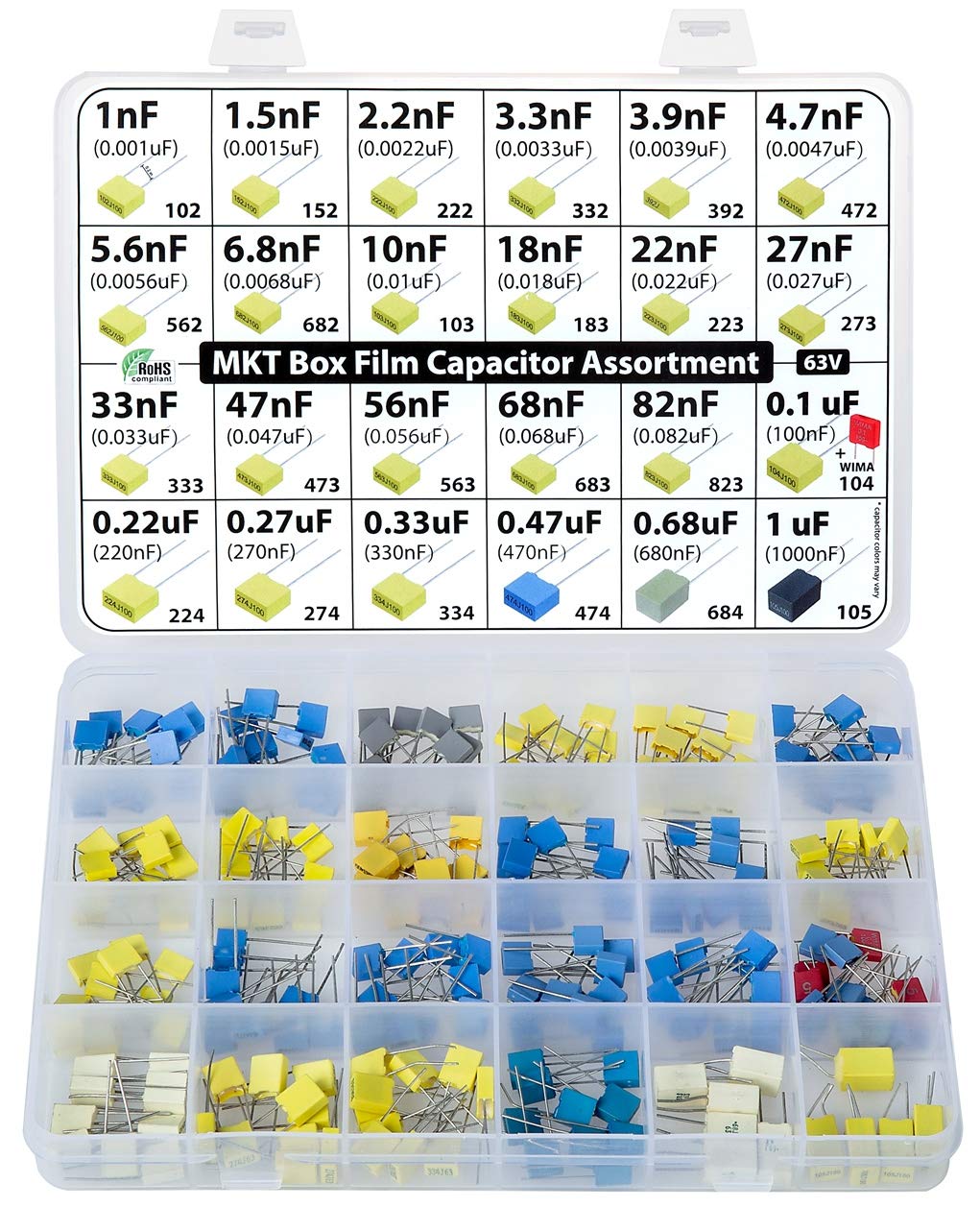 Metallized Polyester MKT PET Film Box Capacitor Assortment Kit, 235 pcs, 24 Values, 63V, 1nF to 1uF