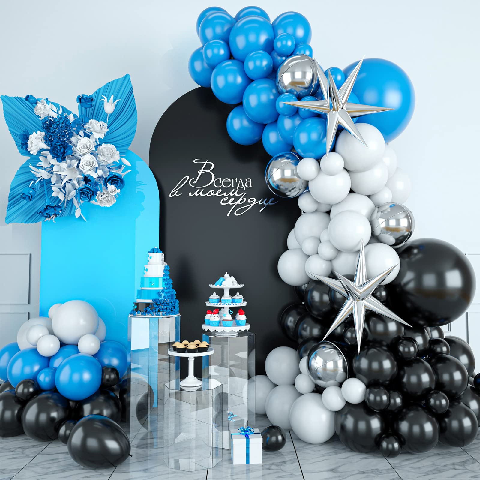 Black Blue Balloon Arch, Blue Black Balloon Arch Kit, 91PCS Black Blue Balloons Arch with Black Dark Blue and White Balloons, Blue Black Balloon Garland for Boys Birthday Baby Shower Party Supplies