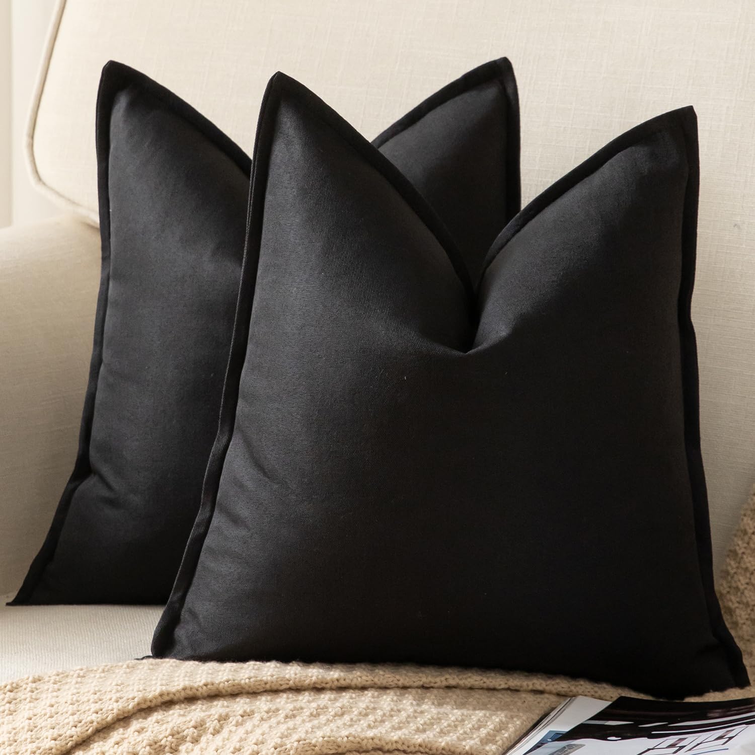 YAERTUN Pack of 2 Decorative Linen Soild Cushion Covers Farmhouse Neutral Throw Pillow Cases for Chair Couch Sofa Bedroom Living Room Home Decor 24 x 24 Inch 60x60 cm Black