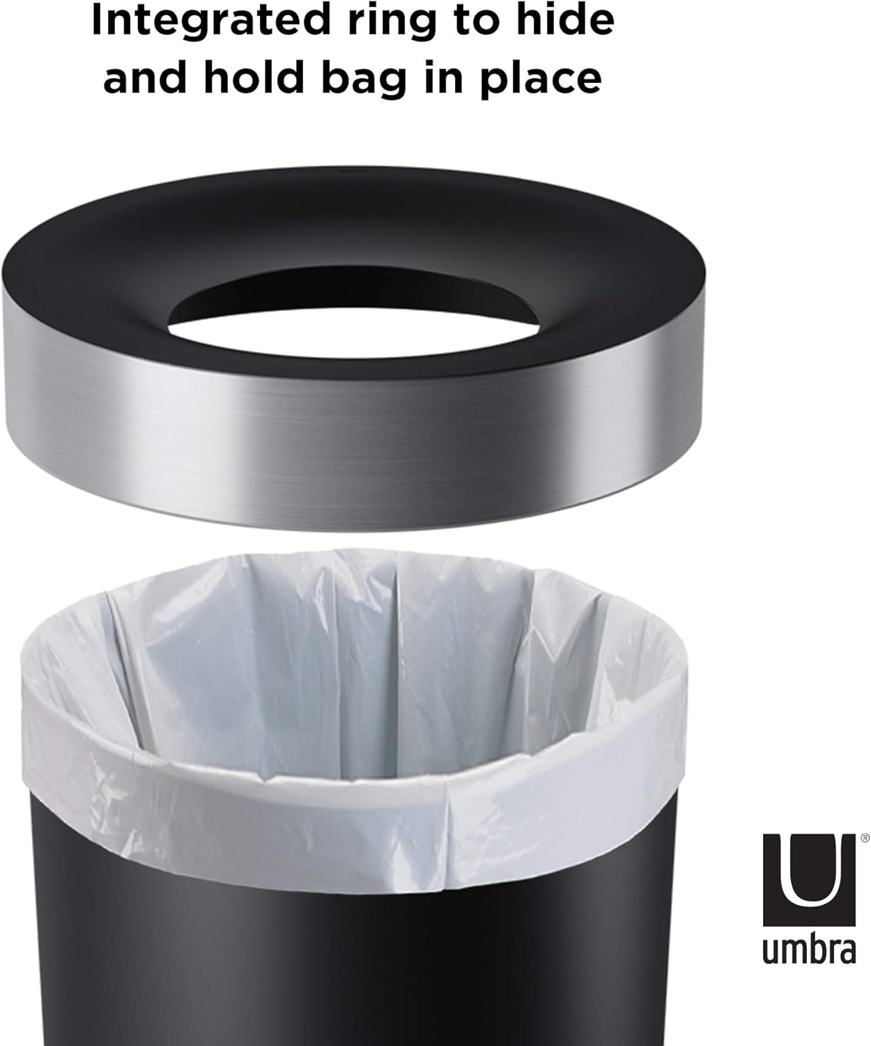 Umbra Vento Open Top 16.5-Gallon Kitchen Trash Large, Garbage Can for Indoor, Outdoor or Commercial Use, Black/Nickel: Home & Kitchen