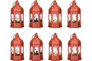 LLQ Orange Mini Halloween Lanterns for Table Centerpieces, Halloween Lights for Tree, Vintage Small Lanterns with Patterned Glass & LED Flickering Candles for Halloween Decorations Indoor - 8 Pack