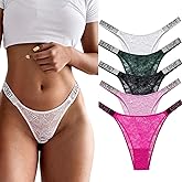 4UFIT Women's Lace G-String Thongs Sexy Low Waist Tangas Underwear See-Through Rhinestones Thongs Panties 3-5 Pack