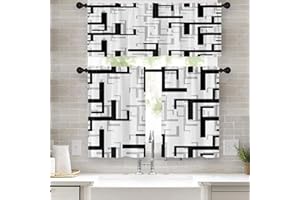 Emvency 36 Inch Kitchen Curtains Black and Grey Geometric Abstract Art Window Curtains and Valances Set of 3, White Modern Art Background Short Tier Curtain, Vintage Small Kitchen Decor