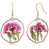 Pressed Flower Dangle Gold Earrings for Women Circle Handmade Floral Resin Earrings Plant Jewelry for Summer or Vacation