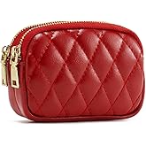WOZEAH Leather Coin Purse for Women Small 2 Zipper Change Wallet with Key Ring Card Key Coin Cash Holder Pouch(Quilted Red)