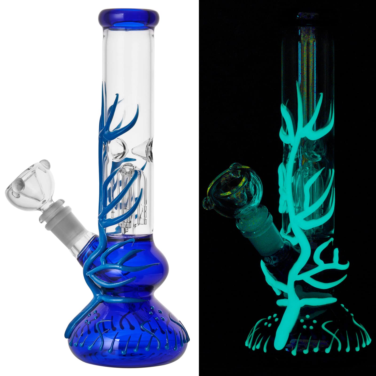 10inch Tall Fluorescence Glass Bong Cool Recycle Glass Illuminate Bongs Water Pipe with 14mm Downstem Bowl (Blue)