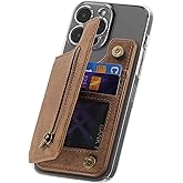 TopFunny Wallet Stick on Phone Case, Credit Card Holder for Back of Phone Cases Retro Flip Leather Zipper Sleeve Pouch Compatible with iPhone, Samsung Galaxy Android Most Smartphones Brown