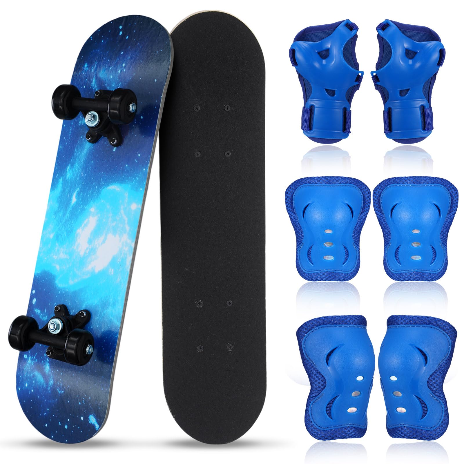 Photo 1 of Honoson 7 Pcs Skateboard for Toddlers Beginners Knee Elbow Pads Wrist Guards Gear Set (Starry Blue,Age 6-10 Kids 24 x 6)