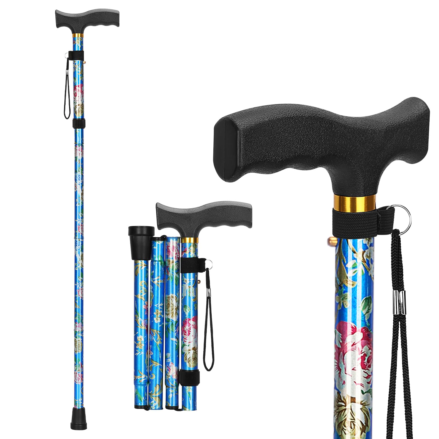 supregear Walking Stick for Women and Men, Collapsible, Lightweight, Sleek, Foldable Folding Walking Cane and Sticks for Seniors & Adults with Comfortable T-Handle, Floral Blue
