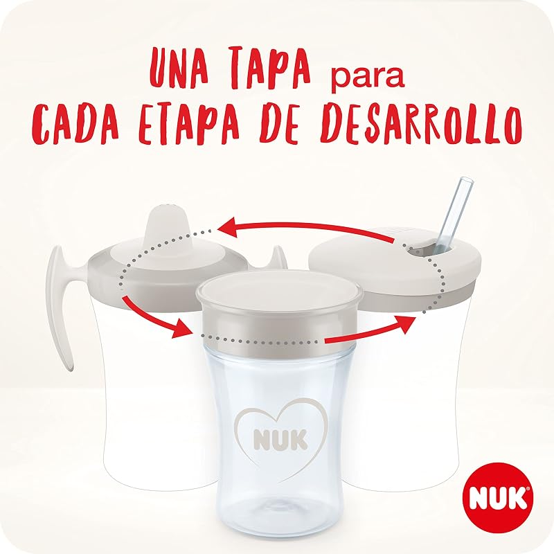 Learn to Drink Set con biberón Trainer Cup (6M+), Taza para sorber Magic Cup 360° (8M+) y taza para niños Action Cup (12M+), 230 ml, sin BPA, Gris y blanco