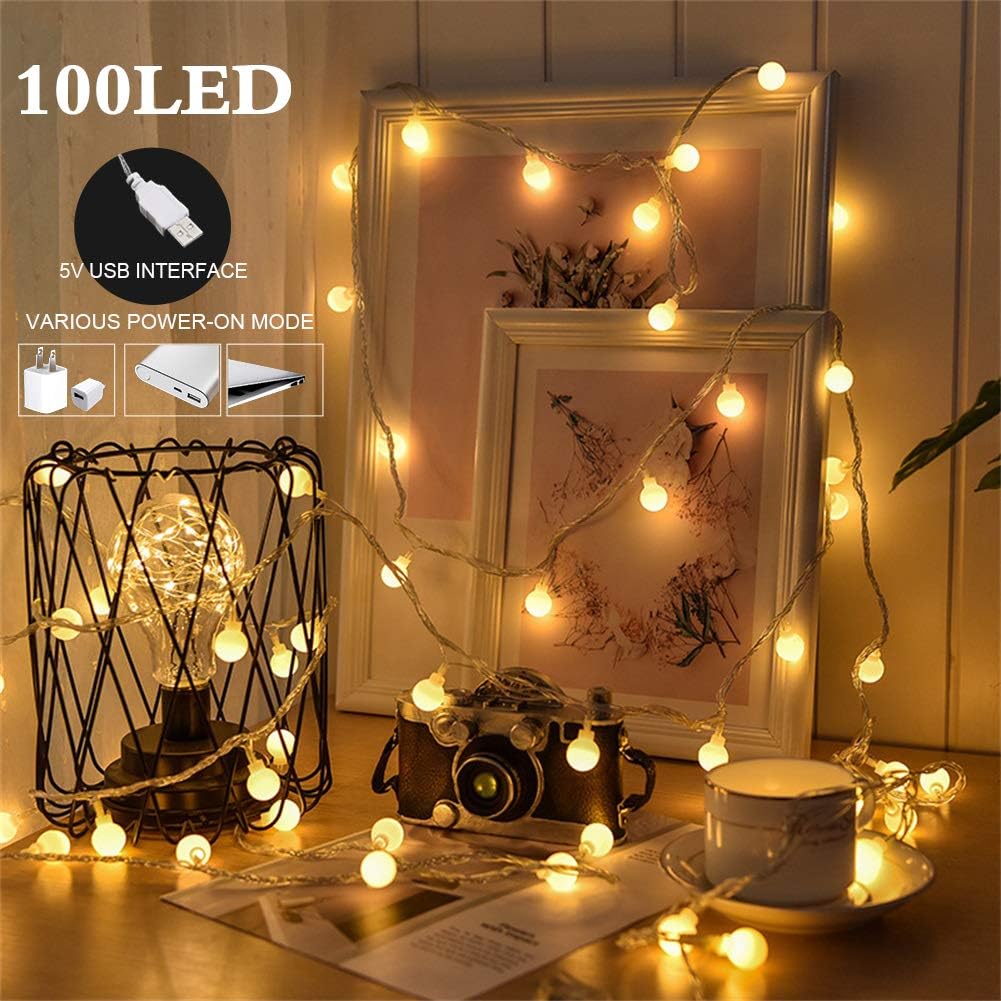 100 LED Globe String Lights, Ball Christmas Lights, Indoor / Outdoor Decorative Light, USB Powered, 39 Ft, Warm White Light - for Patio Garden Party Xmas Tree Wedding Decoration (NO INCLUE USB PLUG)