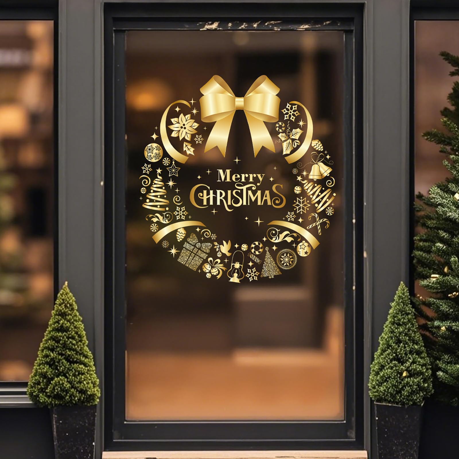 Photo 1 of 1 Sheet Christmas Window Stickers Golden Garland Window Clings for Glass Windows Bow Christmas Tree Snowflake Garland Clings Double Sided Winter Windows Clings for Home School Office Glass Party Decor