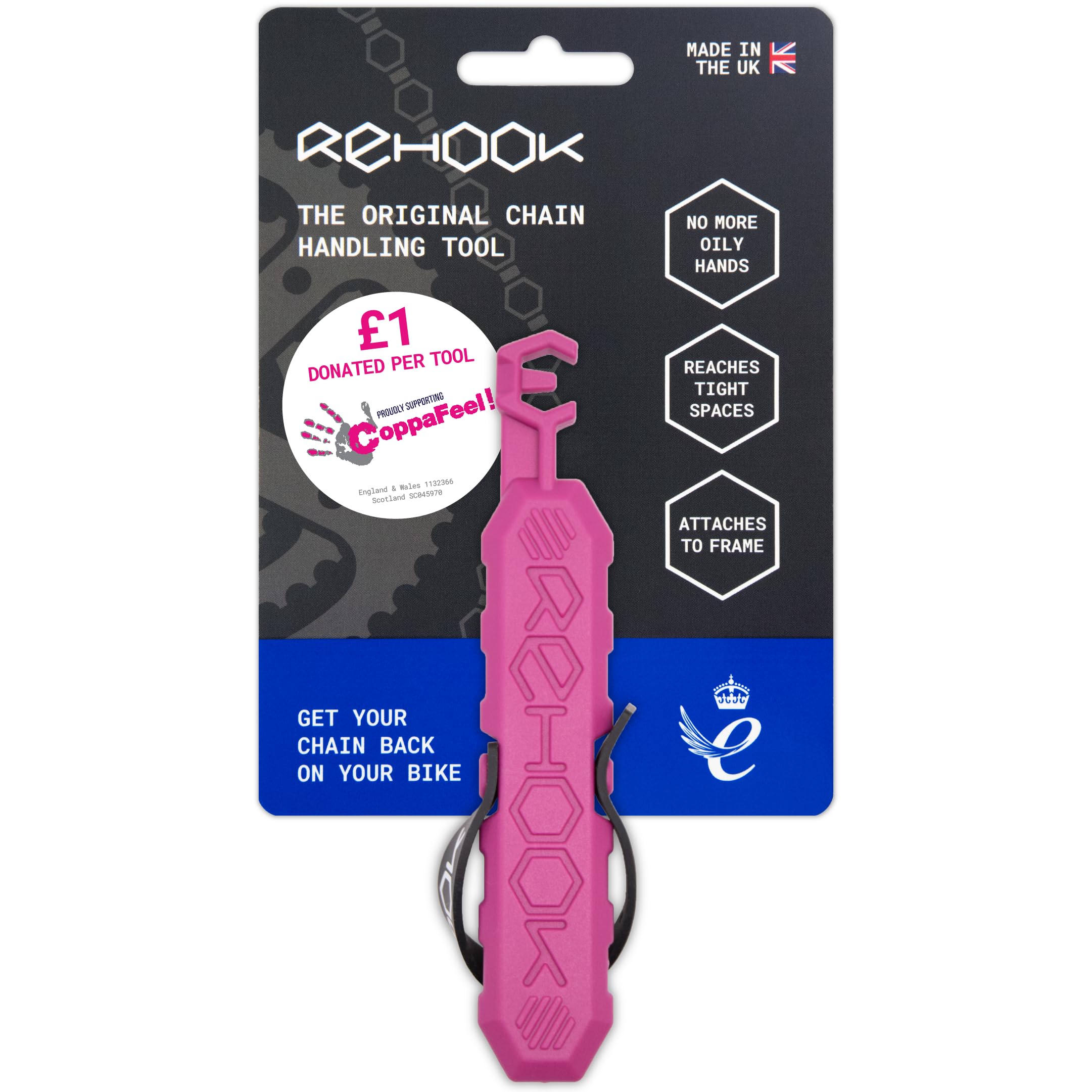 Rehook Original Chain Handling Tool – Pink | Get Your Chain Back On Your Bike in Seconds | Portable, Lightweight & Patented Bicycle Maintenance Tool | Made in UK
