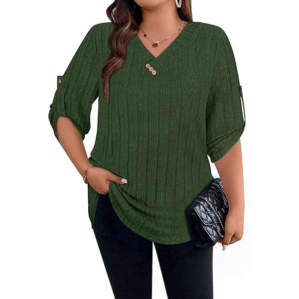 3/4 Length Sleeve Womens Tops SHEIN LUNE Solid Color V-Neck