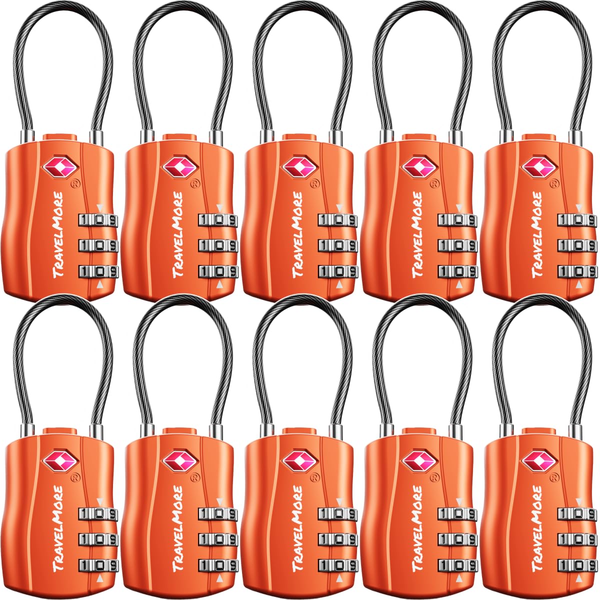 10-Pack TSA Approved Travel Combination Cable Luggage Locks for Suitcases & Backpacks | Luggage Locks | TSA Locks | Orange