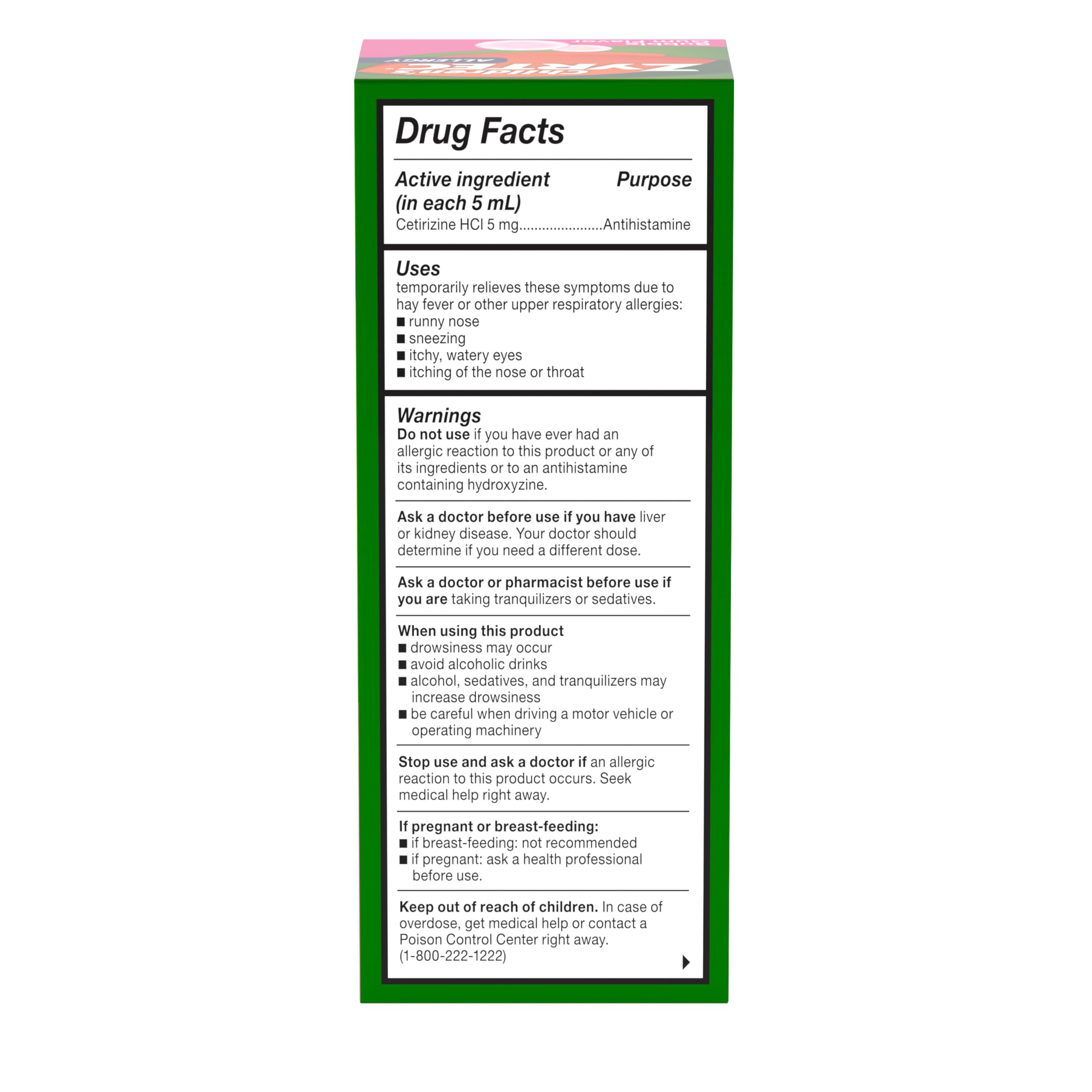 Children's Zyrtec 24 Hour Allergy Relief Syrup, Cetirizine Hydrochloride Antihistamine, Allergy Medicine for Indoor & Outdoor Allergy Relief, Dye- & Sugar-Free, Bubble Gum, 4 fl. oz