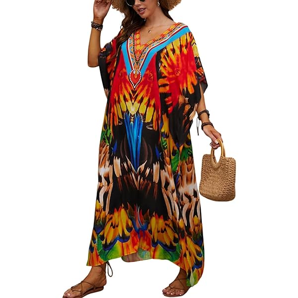Women's Bohemian Print Caftan – Lightweight Cover Up For Beach, Pool, Or Lounging – One Size Fits Most