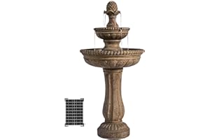 XBrand 39" 2-Tier Outdoor Freestanding Solar Water Fountain – Classic Sand Stone Resin Bird Bath with Pump – Solar Powered Garden Decor for Patio, Yard, Porch, and Lawn