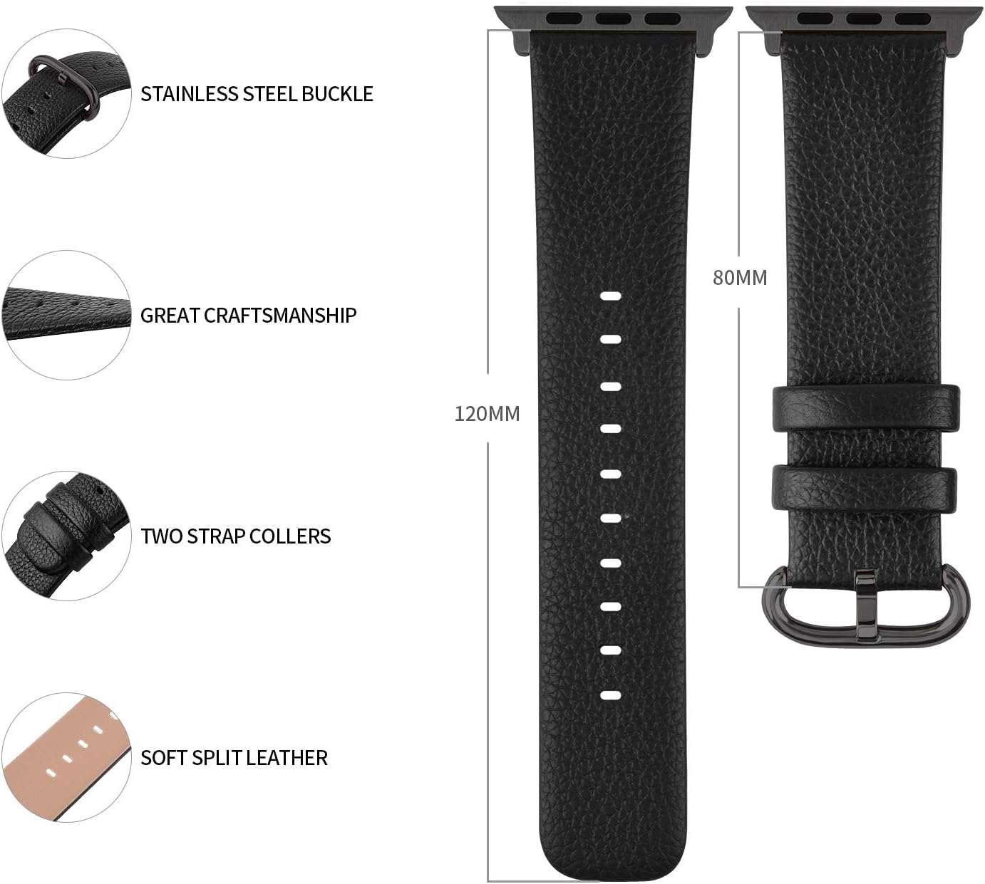 Fullmosa Leather Strap Compatible with Apple Watch Strap 38mm 40mm 41mm 42mm,Leather Replacement Band for iWatch Series 11 10 9 8 7 SE3 SE2 SE 6 5 4 3 2 1,Black+Smoky grey hardware - Image 4