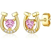 Ritach Horse Gifts for Women Girls - S925 Sterling Silver Post Lucky Horseshoe Stud Earrings Real Gold Plated Heart Birthstone Earrings for Girls Women Horse Stuff Horse Gifts for Girls Women Horse Lovers