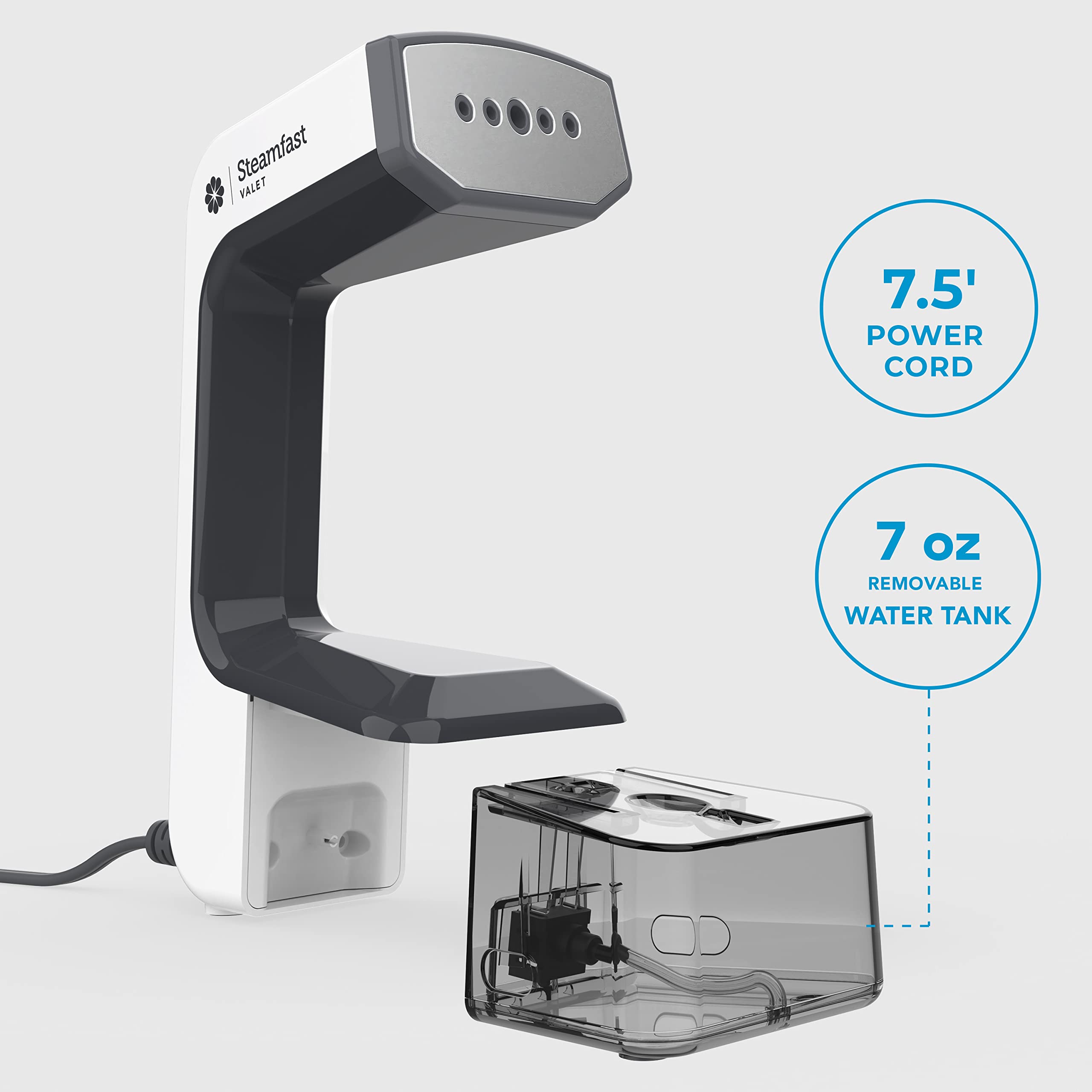 Steamfast VALET Handheld Garment Steamer, Chemical-Free, Removable Tank, Quick Heat-Up Time, Travel Friendly, White