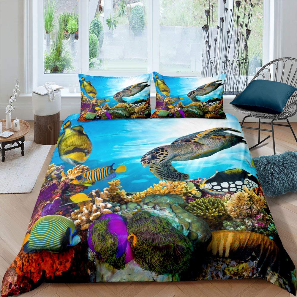 Sea Turtle Bedding Set For Boys Child,Ocean Fish Duvet Cover For Kids Man,Sealife Reptile Creature Comforter Cover,Colorful Coral Under Sea Reef Bedclothes Bedroom Decor King Size Underwater World — image 1