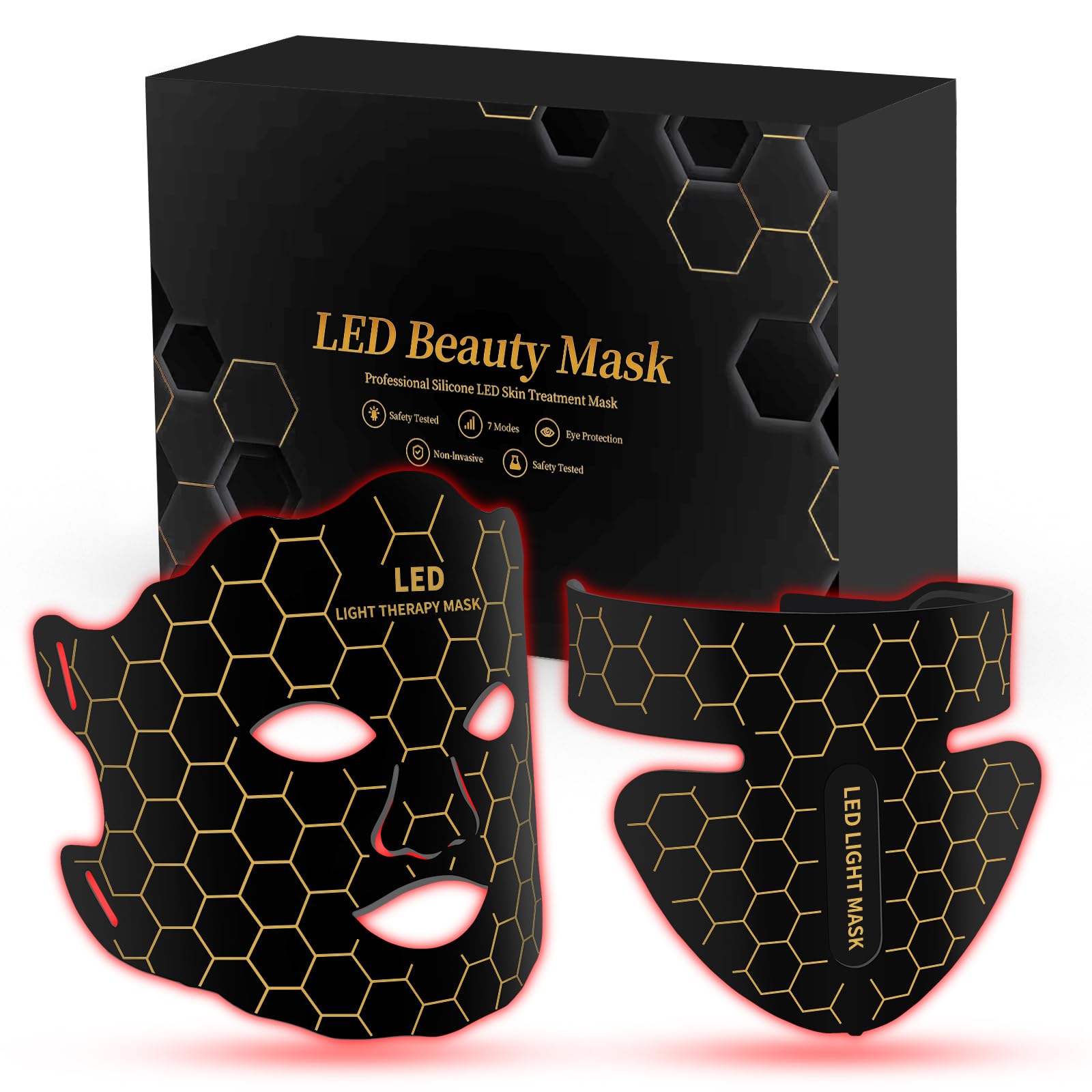 Photo 1 of Yahi Red Light Photon Facial & Neck Mask with Remote Control, 7 Custom Modes with Infrared, Portable & Rechargeable with Timer for Home Use, 175 High-Density Light Beads, Black