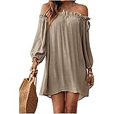 OYOANGLE Women's Swimsuit Cover Ups Off Shoulder Long Sleeve Beach Dress Frill Trim Swimwear
