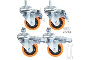 YEWEKE Heavy Duty Swivel Wheels, 3 Inch Yellow PVC Casters with Metric Stem M12-1.75x25mm Double Brakes Castors Safety Wheels up to 1200 Lbs/Set for Industry and Furniture Set of 4 (3 Inch)