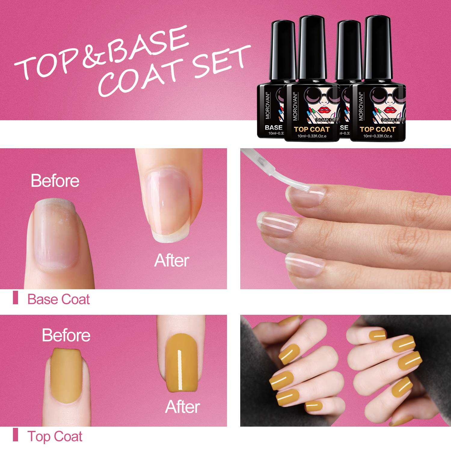 Morovan Gel Base And Top Coat Set - 4 Pcs UV LED Nail Polish Primer and No Wipe Top Coat Gel Nails Sets Quick Dry Long Lasting Clear Gels Manicure Care Kit Gifts for Women Nail Home : Beauty