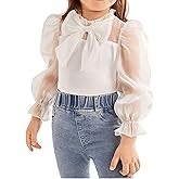 WDIRARA Girl's Bow Front Cute Long Sleeve Blouse Mock Neck Shirt Ruffle Mesh Casual Top Tee