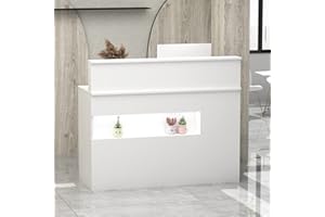 ECACAD Reception Desk with Light, Display Shelf & Lockable Drawers, Office Desk Reception Counter Table with Keyboard Tray and Door, White (47.2”W x 19.7”D x 39.2”H)