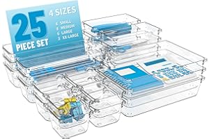 SUOXING 25 pc Clear Plastic Drawer Organizer Set,4 Size Small Storage Containers for Organizing Jewelry,Utensil,Junk,Tea,Makeup,Shallow Drawer Organizers Tray Suitable for Office,Desk,Bathroom,Vanity,Kitchen